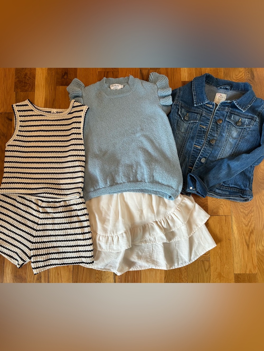 Girls back to school lot, size 10, bluejean jacket, set, sweater top, skirt